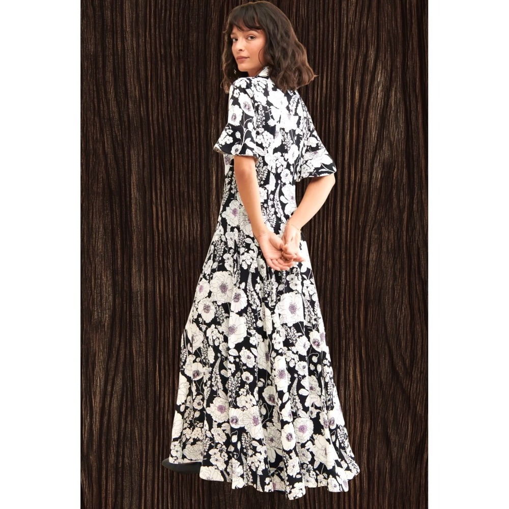 Anthropologie Maeve Printed Short-Sleeve Maxi Shirt Dress Sz XS Black White $180